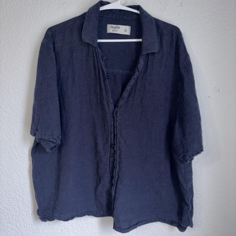 Hollister Boxy Fit Linen Blend Black Fade Button Down Cropped Shirt Size XL - Picture 1 of 4